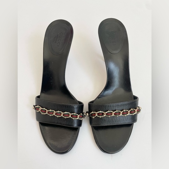 Gucci Black Leather Capri Kittle heel mules with web and chain link details 8.5 - Picture 3 of 12